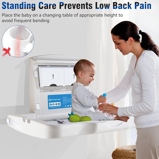 Baby Changing Station Wall Mounted, Fold Down Baby Changing Table, Commercial Diaper Changing Station, Nappy Changing Table with Safety Strop and Door Sign, Space-Saving