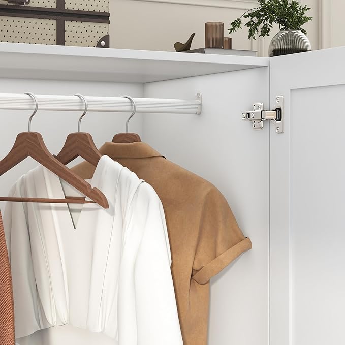 3 Doors Armoire Wardrobe Closet with 3 Drawers & Mirror, Modern Wooden Bedroom Armoires with Hanging Rod Led Lights for Bedroom, White