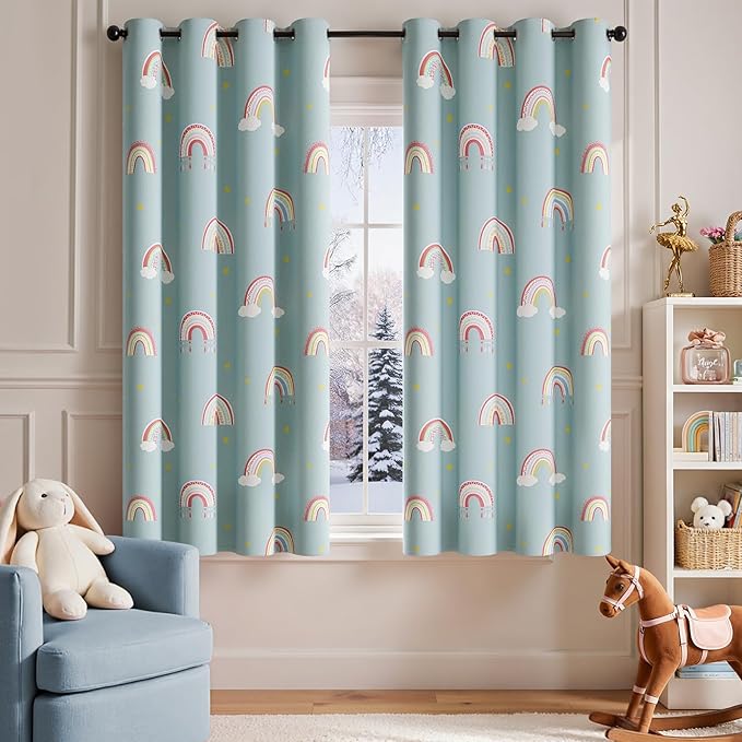 jinchan Nursery Blackout Curtains for Kids Room Rainbow Blue Curtains Cute Girls Bedroom Dorm Playroom Window Treatment Grommet Thermal Insulated Room Darkening 2 Panels 63 Inch Length
