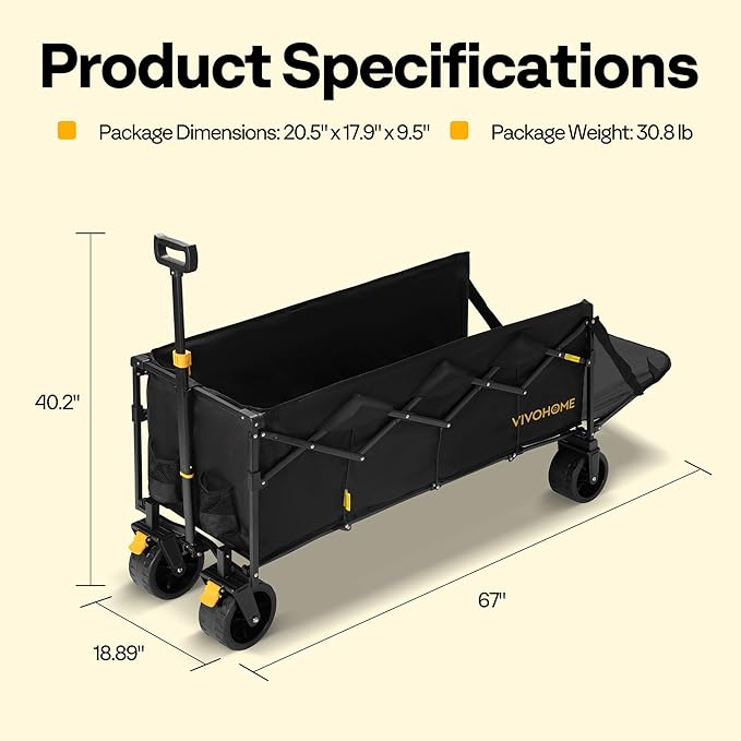 VIVOHOME 48''L Extended Collapsible Wagon Cart with 440lbs Weight Capacity, Heavy Duty 350L Folding Utility Garden Cart with Extended Tailgate and Big All-Terrain Beach Wheels