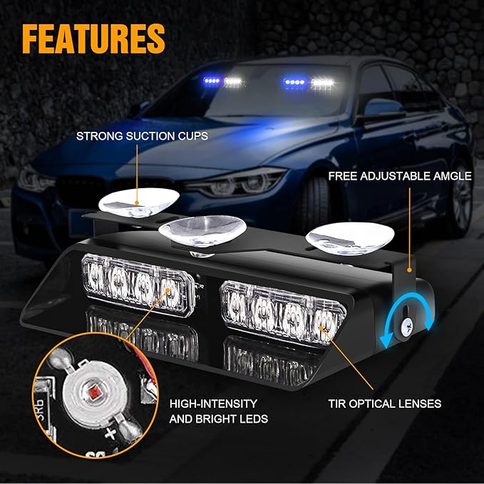 XRIDONSEN 2 in 1 Blue White Emergency Dash Strobe Lights Interior Front/Rear