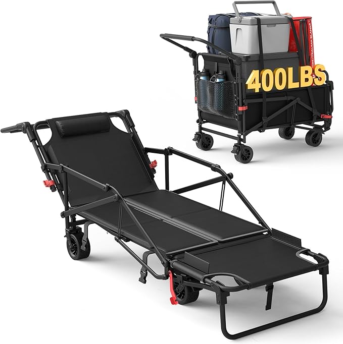 LEVELEVE Heavy Duty Folding Wagon - 2-in-1 Collapsible Cart, 400lb Capacity, All-Terrain Wheels w/Brakes & Side Pockets (Black)