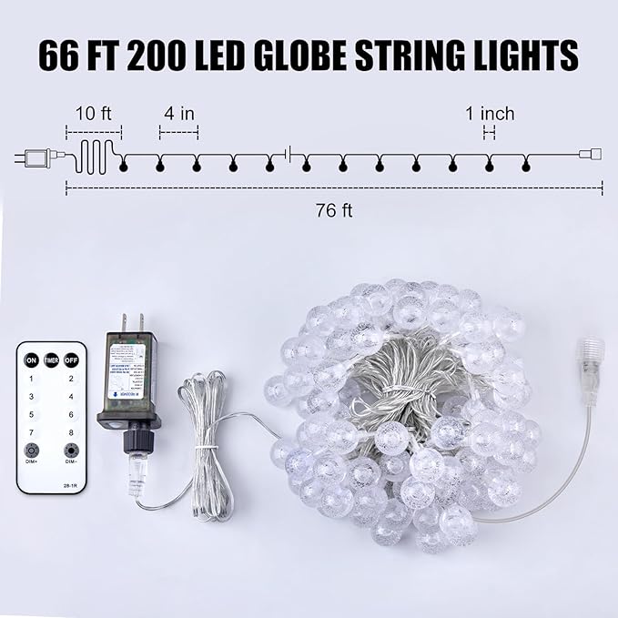 Minetom Crystal Globe String Lights Plug in - 66 ft 200 LED Globe Fairy String