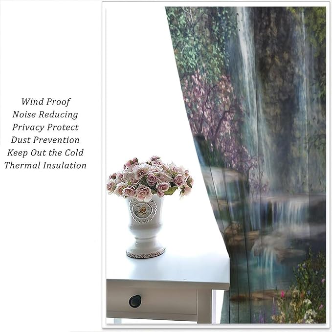 Natural Waterfall Blackout Window Curtains, Waterfalls Flowers Trees Landscape Window Drapes, for Living Room Bedroom 55" W X 63" L