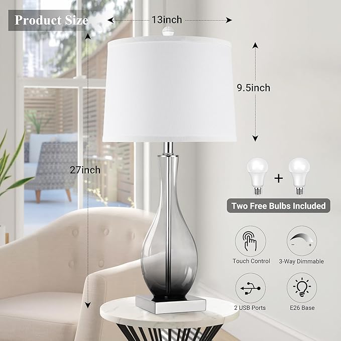 Table Lamps Set of 2 with Touch Control, 3-Way Dimmable Modern Glass table lamp