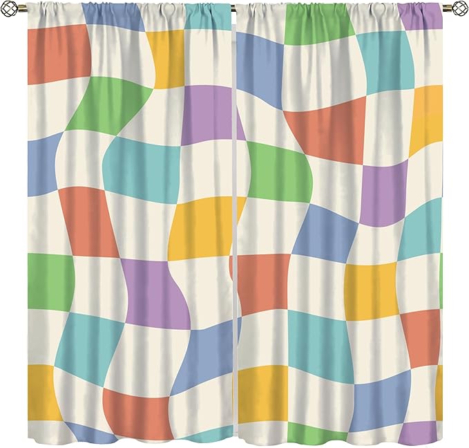 Checkered Curtains,70s Vintage Twisted Checkered Window Drapes Colorful Groovy Trendy Wavy Hippie Grid Print Window Treatments for Kids Girls Bedroom Living Room Bathroom 42" W X 63" L