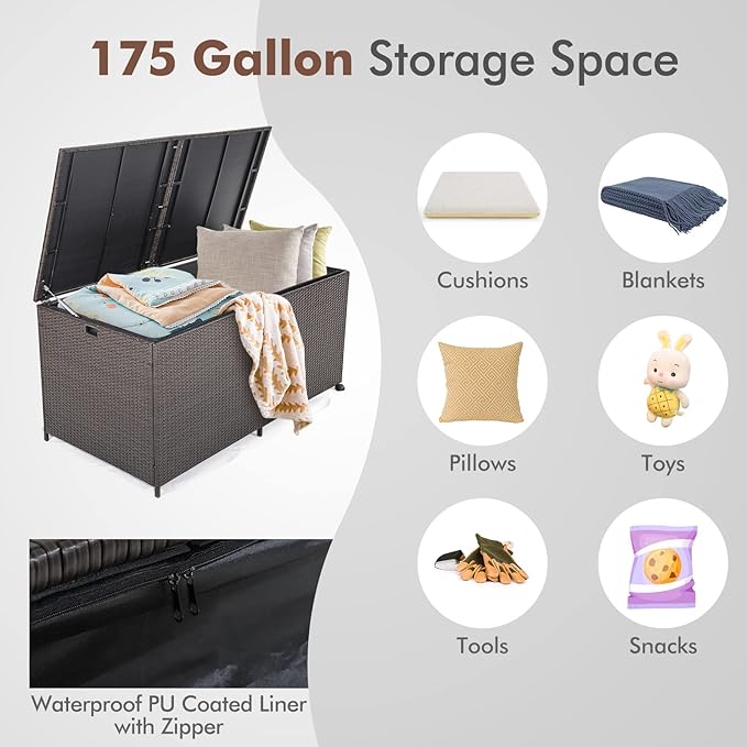 RELAX4LIFE 175-Gallon Outdoor Storage Box, Wicker Rattan Outside Storage Container Bin with Zippered Liner, 2 Universal Wheels, Gas Strut, Patio Deck Box for Backyard, Front Porch