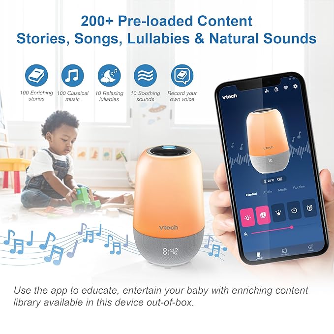 VTech BC8313 V-Hush Soothing Sleep Trainer with 200+ Stories/Songs/Sounds & Sleep Program. Portable Bluetooth HD Speaker, Multi-Color NightLight, Ceiling Projector
