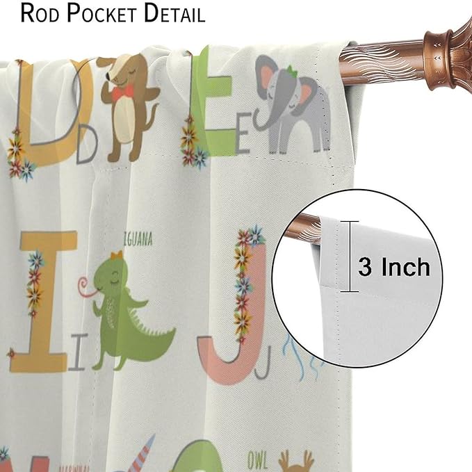 Kids Alphabet Curtains Funny Letter Education Cute Cartoon Animal Printed Curtain with Rod Pocket for Bedroom Living Room Home Decor Drapes Window Treatments 2 Panels Set 63" W X 72" L