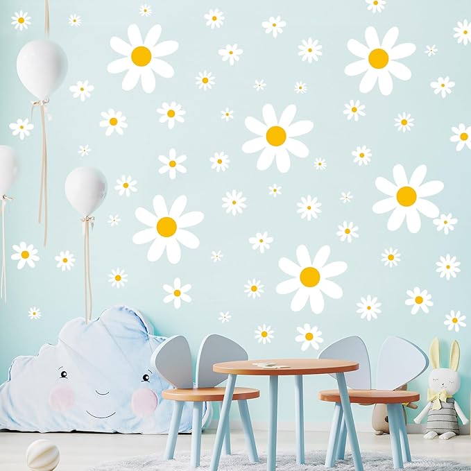 TaoBary 165 Pieces 15 Sheet Large Daisy Wall Decals Flower Stickers Vinyl Peel and Stick Floral Decal Daisy Wall Decor for Nursery Playroom Bedroom Living Room(Cute)