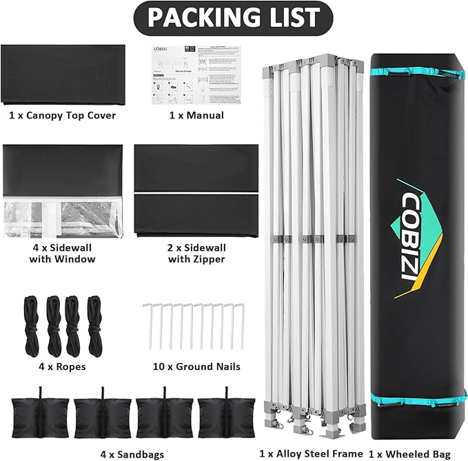 COBIZI 13x26 Pop Up Canopy with 6 Sidewall,Heavy Duty UPF 50+ All Season Wind Waterproof Commercial Outdoor Wedding Party Tents for Parties Canopy Gazebo with Roller Bag(13 x 26 ft Black)