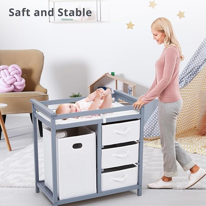Wooden Baby Changing Table, Modern Diaper Changing Table, Infant Diaper Station Dresser with Laundry Hamper, 3 Drawer Basket- Storage Organizer for Baby Clothes, Diapers & Toys