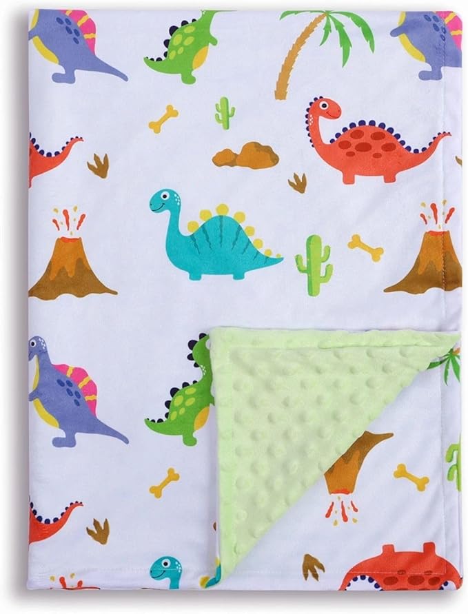 Baby Blanket for Boys Girls Soft Minky with Double Layer Dotted Backing, Dinosaur Printed 30 x 40 Inch Receiving Blanket