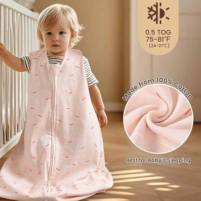 PHF Soft Baby Sleep Sack 12-18 Months 100% Organic Cotton Wearable Blanket, 2-Way Zipper 0.5 TOG Toddler Sleeping Sack 3 Pack, Comfy Sleep Bag for Baby Boys Girls, Ice Cream (Large)