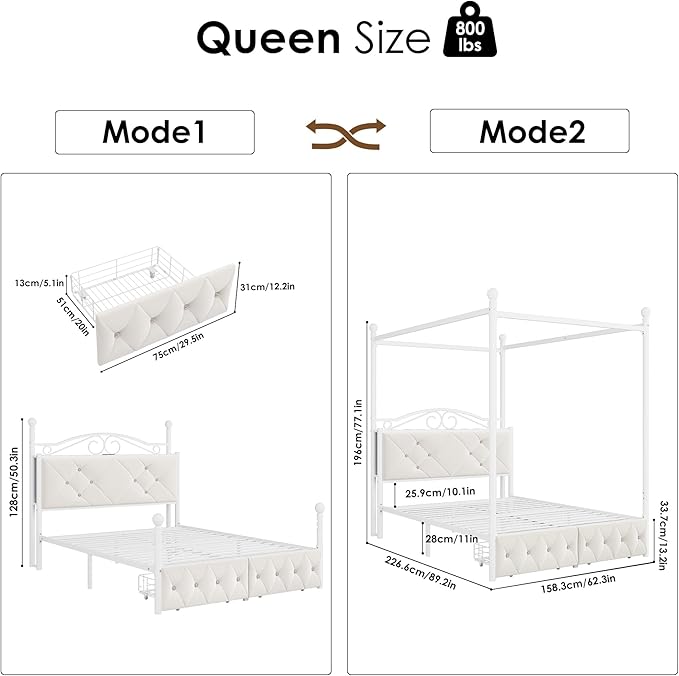 Queen Upholstered Canopy Bed Frame with 2 Drawers & Crystal Tufted Storage Headboard Metal Platform Bed with Charging Station & 4 Removable Posts No Box Spring Needed Curtain Not Included, Beige
