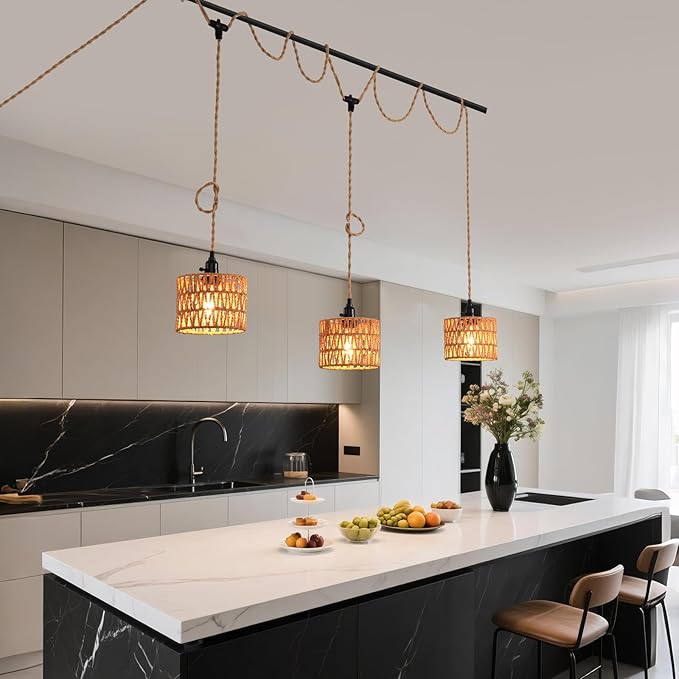 3-Light Hanging Light with Plug in Cord, Plug in Pendant Light 22ft Hemp Rope