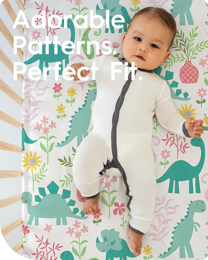 Dinosaur Crib Sheets for Boys, Premium Soft Crib Mattress Fitted Sheet, Ultra Breathable Baby Sheets, Super Stretchy Baby Bed Sheets 28x52x9 Extra Deep Pocket, 2 Pack