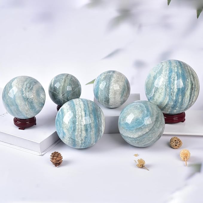 JIC Gem Natural Trolleite Crystal Ball Sphere Blue Healing Crystal Gemstone Ball with Display Stand Home Decor Meditation Grid Energy Balance (70-80mm)