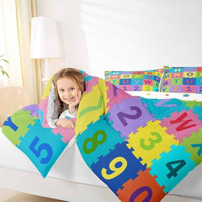 Feelyou Kids Puzzle Alphabet Numbers Comforter Set Twin Size ABC Letters Bedding Set for Kids Boys Girls Educational Duvet Quilt English Learning Bedroom Decor Microfiber 2 Pcs with 1 Pillow Cases