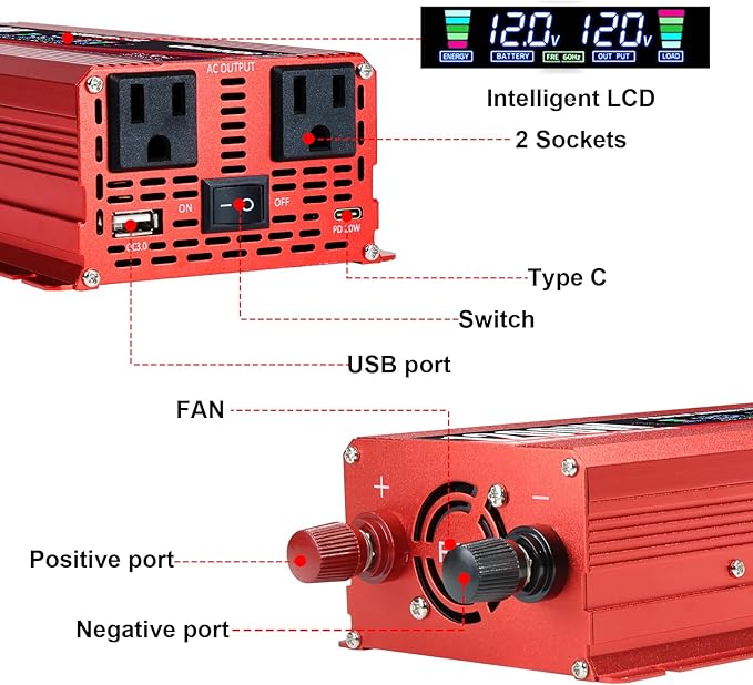 1200W/2400W(Peak) Car Power Inverter DC 12V to 110V/120V AC Converter with LCD Display Dual AC Outlets 3.0A USB and Type-C 12 Volt Inverter for Car Home Laptop Truck