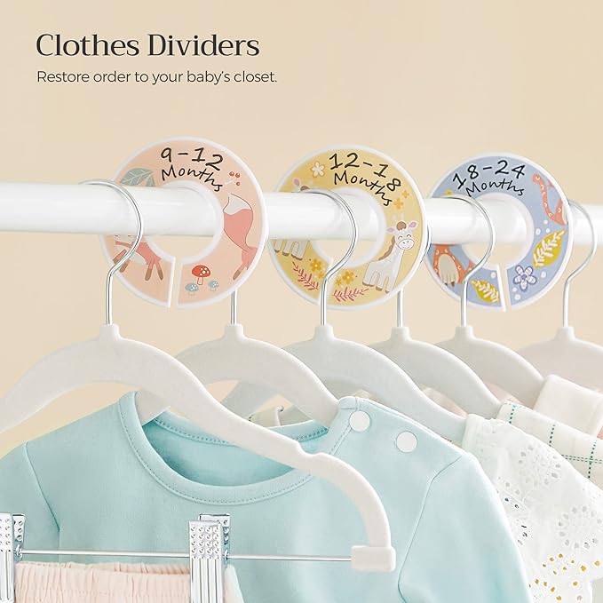 SONGMICS 30 Packs Baby Pants Hangers with Clips, Kids Hangers with 6 Clothes Dividers, Non-Slip Children’s Clothes Hanger, White UCRF013W30