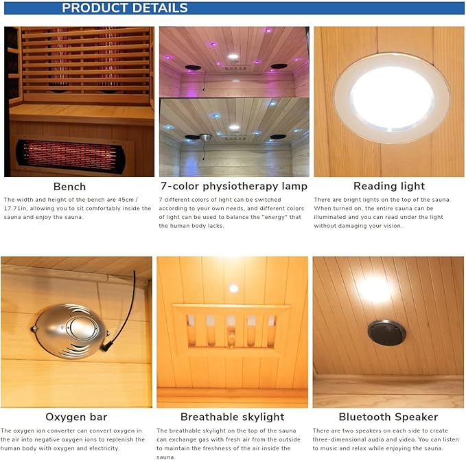 2 People Indoor Infrared Sauna, Low EMF Full Spectrum Red Heater with Carbon Heating Panels, Canadian Hemlock Wood, WiFi Control, 7-Color Starry Light, Reading Lamp, 1750W, 120V