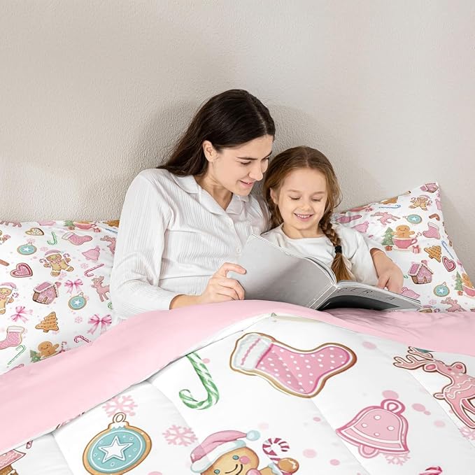 Cute Bow Tie Kids Bedding Set King Size,Pine Tree Merry Christmas Elk Deer Comforter Set,Bowknot Gingerbread Man Snowflake Quilt Comforter,Pink White Colorful Bedroom Duvet Insert,2 Pillowcases