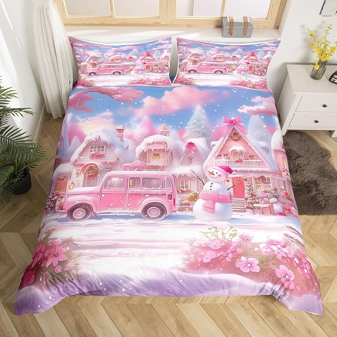 Manfei Christmas Duvet Cover Set King Size, Pink Truck Flower Snowman Bedding Set for Kids Girls Room Decor, New Year Theme Comforter Cover, Lightweight Bedspread Cover, 2 Pillowcases, No Comforter