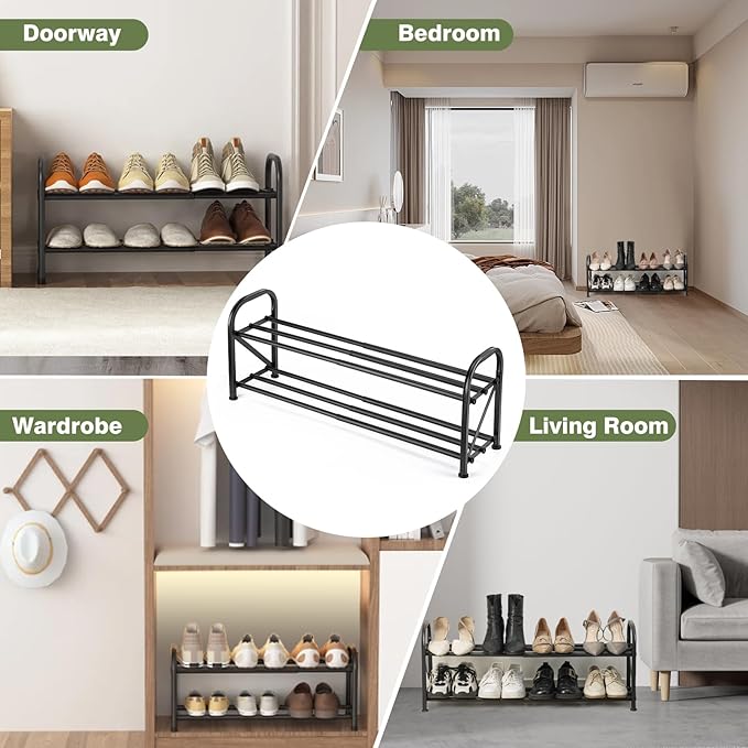 2-Tier Shoe Rack for Closet, 16"-33" Expandable ShoeRack, Adjustable for Entryway Closet Doorway SturdyMetal, Black