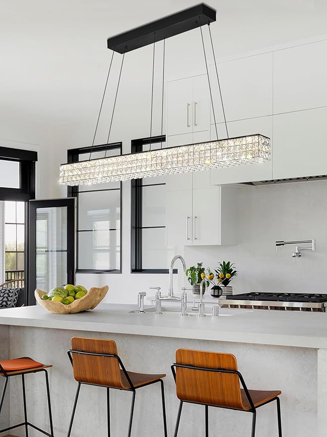 W48 Rectangle Chandeliers for Dining Room, Modern Crystal Pendant Lights