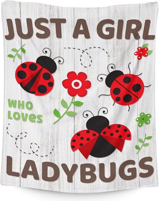 Ladybug Gifts for Kids - 30 x 40 Inches Cute Lady Bug Blanket for Girls - Grey Plush Warm Decor for Crib, Lap