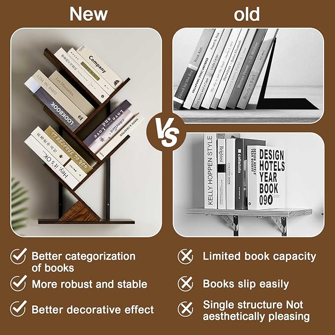 5 Tier Tree Bookshelf Floating Book Shelves for Wall Mount, Wooden Hanging Shelves Storage for Displaying Books/CDs/Magazine, Unique Wall Bookcase Organizer Shelves for Home, Office, Living Room