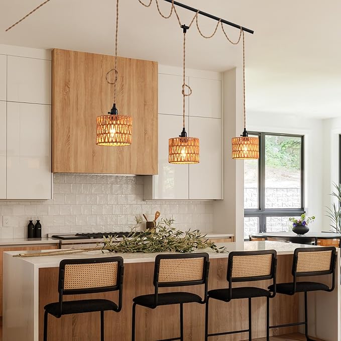 3-Light Hanging Light with Plug in Cord, Plug in Pendant Light 22ft Hemp Rope
