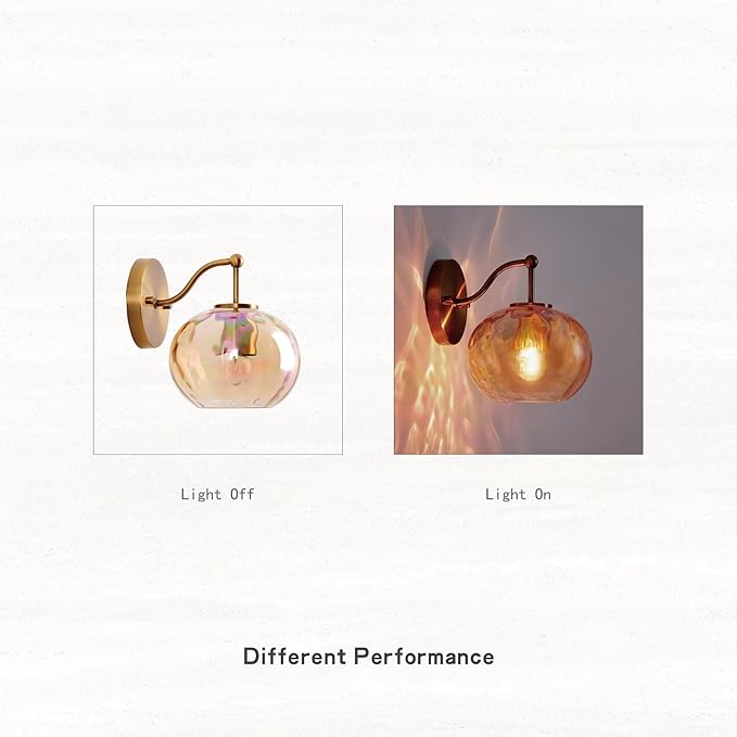 Gold Wall Sconce Light Amber Hammered Glass Vanity Lighting Brushed Brass