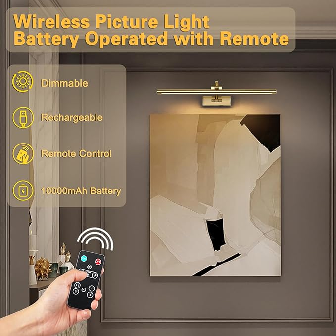 Wireless Picture Lights with Remote and Timer Rechargeable Brass Gallery