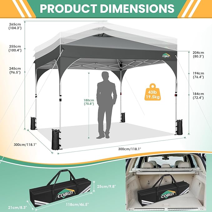 COBIZI 10x10 Pop up Canopy, Canopy Tent 10x10 with 3 Sidewalls, 1 Person Easy Set up, Tents for Parties, Outdoor Tent with Fluorescent Strip & 4 Sandbags, Waterproof, 3 Adjustable Height (Gray)