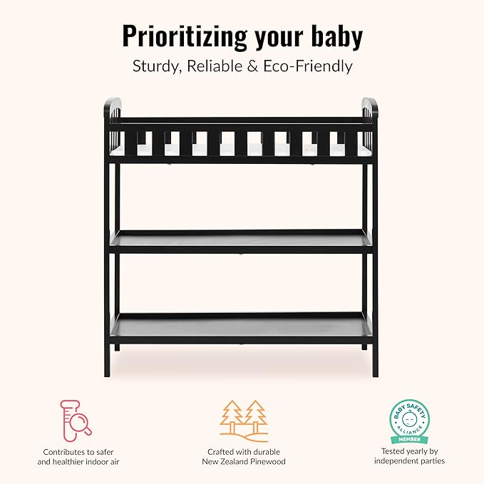 Dream On Me Emily Changing Table In Black, Comes With 1" Changing Pad, Features Two Shelves, Portable Changing Station, Made Of Sustainable New Zealand Pinewood