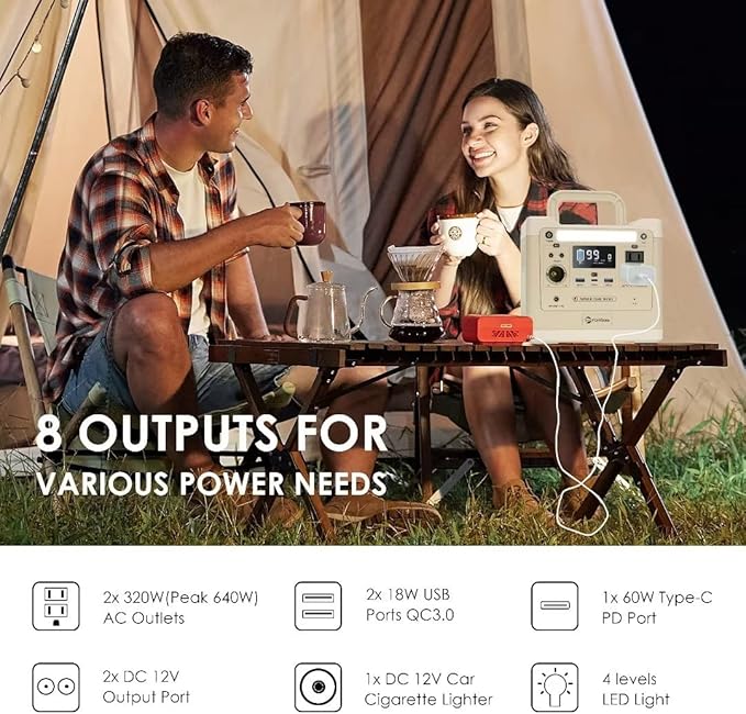 RAINBOW Portable Power Station 320W, 298Wh Backup LiFePO4 Battery, 2 x 110V/320W(Peak 640W) AC Outlets, Solar Generator for Outdoor Camping, Quick Charge for Home, Hiking