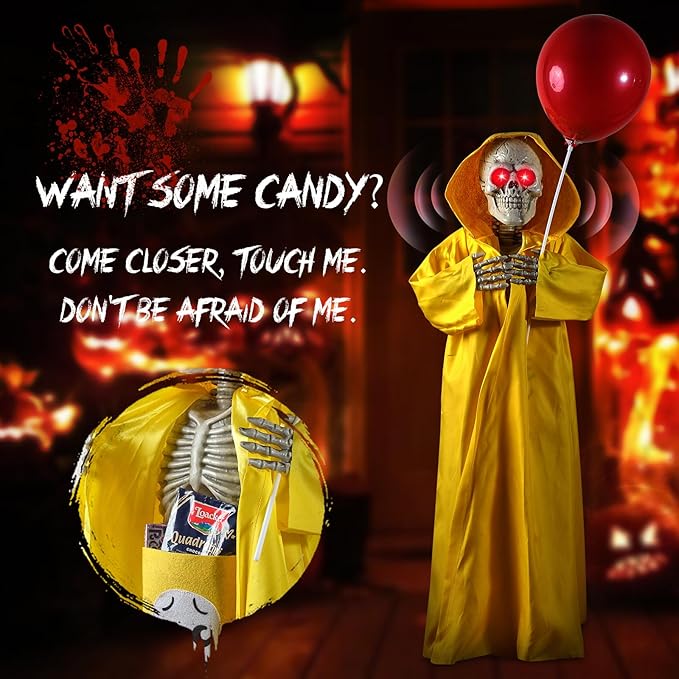 Halloween Animatronics Decorations Outdoor for Holding Candy and Gifts, 37 Inch Life Size with Balloon, Sound-Activated Sensor, Scary Decor for Home Party Indoor Outside Garden Lawn Grave Yard