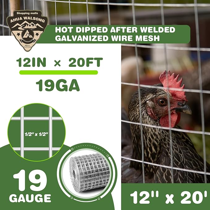 Hardware Cloth 1/2in 12'' x 20' 19GA ，Hot-dip Galvanized After Welding ，Chicken Wire Mesh,Chicken Coop Fence,Screen Mesh,Rabbit/Snake Fence,for Garden Poultry Animal Netting Cage