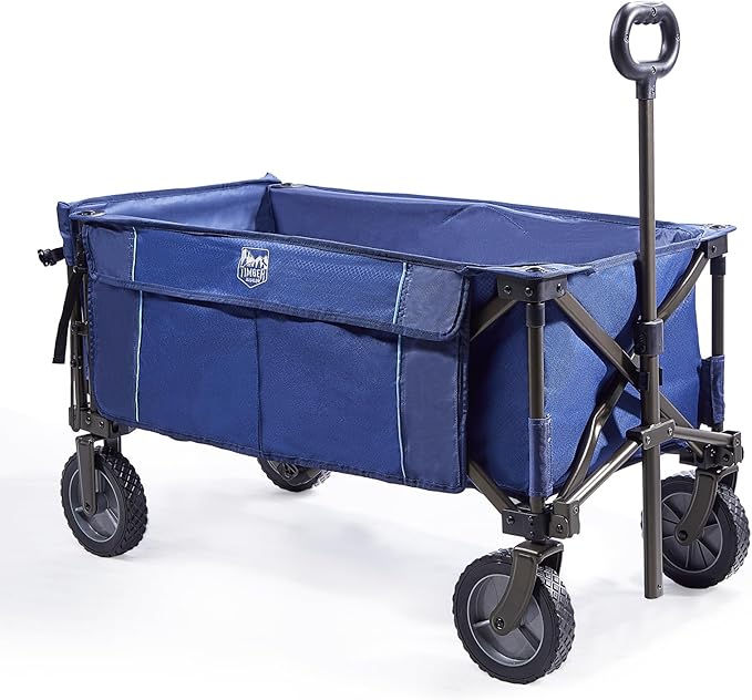 TIMBER RIDGE Tailgate Collapsible Folding Wagon Cart, Heavy Duty Utility Push Pull Beach Wagon Foldable, Outdoor Grocery Cart with Side Pockets for Camping, Garden, Shopping, Holds 225 lbs, Blue