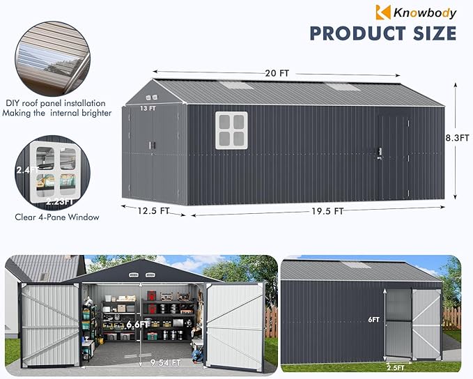 Metal Garage Shed 13x20x8.5', Large Outdoor Storage Building, Ultra-Reinforced Truss System, Weatherproof with Skylights & Dual-Entry, Steel Carport and Workshop for Car,Boat,Big Tool Organization