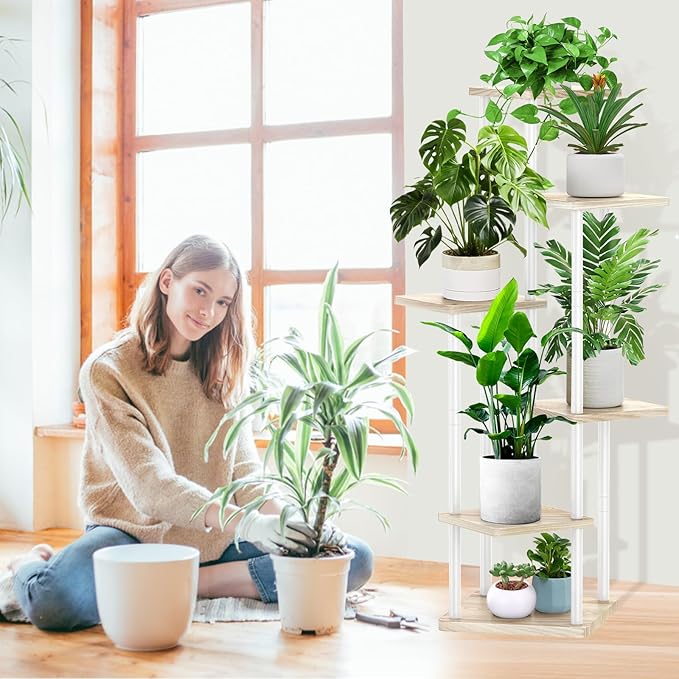 6 Tier Wood Tall Plant Stand Metal Rack Indoor, Multiple Flower Pot Holder Shelves Corner Rack, Planter Shelf Display Rack Storage Organizer for Patio Living Room Balcony Garden(White Oak)