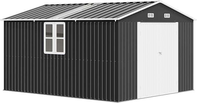 AMERLIFE 10x12x7 FT Metal Storage Shed with 2 Transparent Panels, Outdoor Tool Shed with Hinged Double Doors, Windows & Vents, Reinforced Steel Frame for Backyard Garden, DIY Workshop, Dark Gray