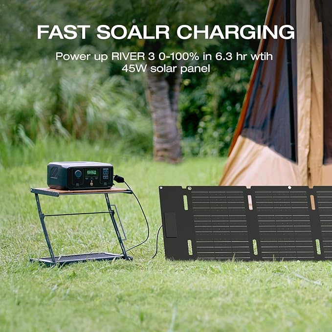 EF ECOFLOW Solar Generator RIVER 3 with 45W Solar Panel, 245Wh Portable Power Station LiFePO4 Battery, 300W Up to 600W AC Output, <20 MS UPS, 1Hr Fast Charging Power Station for Outdoor/Camping/RVs
