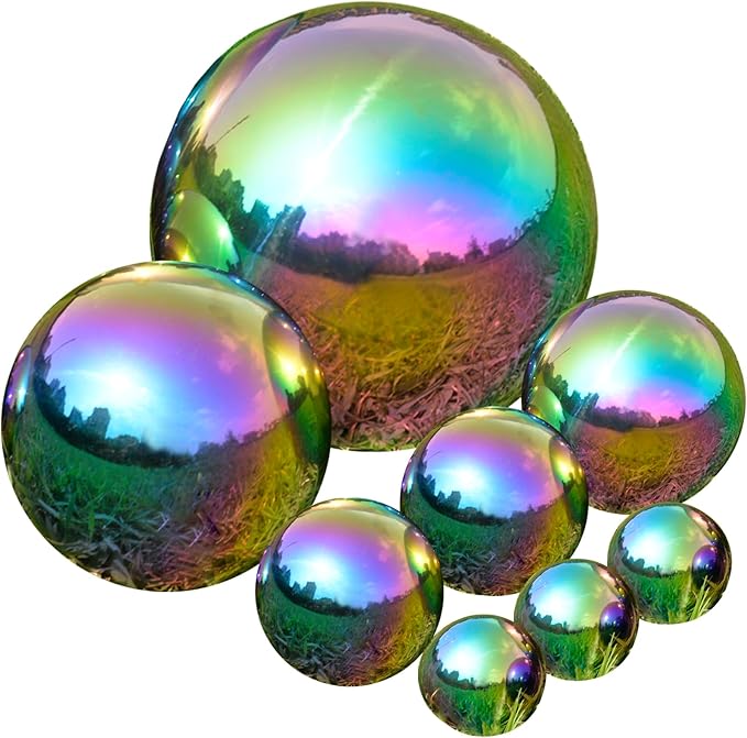Nerien Gazing Ball, Stainless Steel Garden Mirror Globe, Polished Ornament Sphere, Hollow Floating Reflective Hemisphere, for Home Outdoor Pond Housewarming Swimming Pool Decoration, Rainbow, 8Pcs