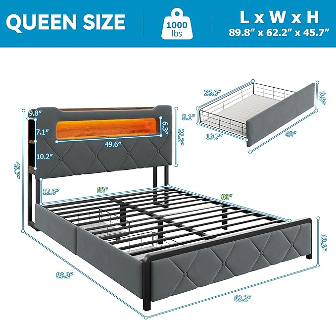 Queen Upholstered LED Bed Frame with 2 Storage Drawers and 2-Tier Storage Headboard, Velvet Platform Bed with Charging Station & Bookcase, Heavy Duty Metal Support, No Box Spring Needed, Grey