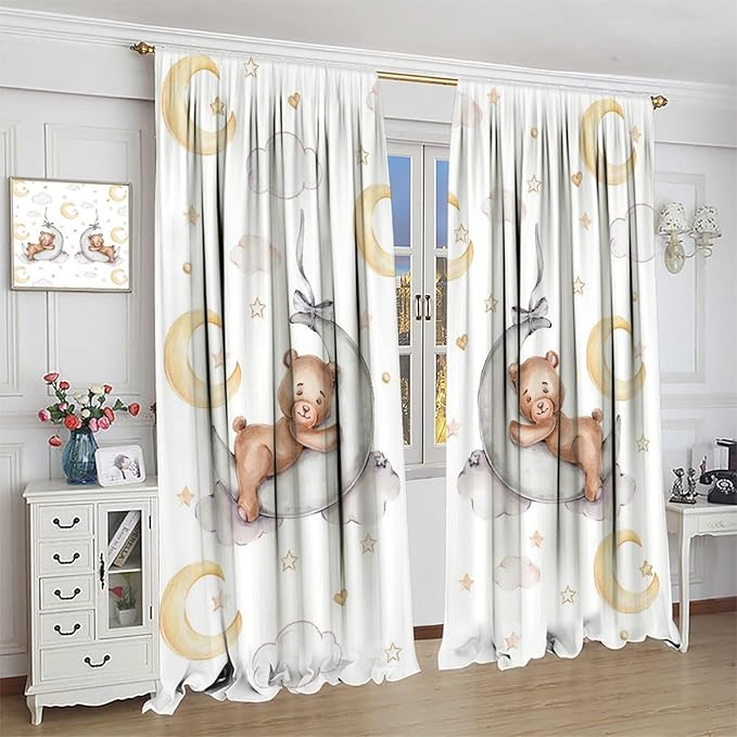 Cartoon Bear Curtains, Cartoon Watercolor Lovely Bear Moon Stars Printed Blackout Window Treatments, Rod Pocket Thermal Insulated Drapes 2 Panel Sets for Kids Bedroom Nursery Classroom, 52"W X 84"L