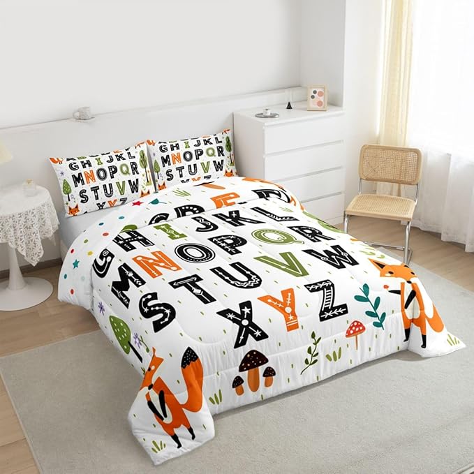 Feelyou Educational Nursery Art Comforter Set Queen Size Alphabet Kids ABC Learning Bedding Set for Kids Boys Girls Cute Fox Duvet Quilt Woodland Animals Bedroom Decor 3 Pcs with 2 Pillow Cases
