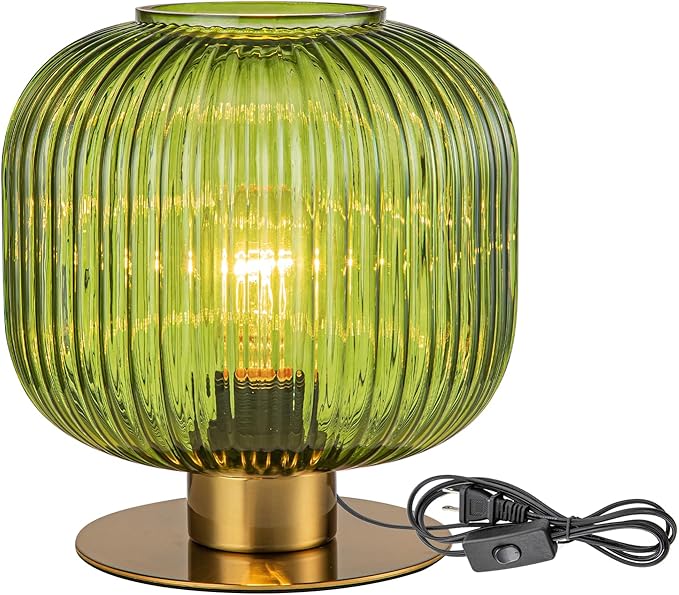Glass Globe Table Lamp, Mid Century Modern Green Table Lamp, Vintage Gold